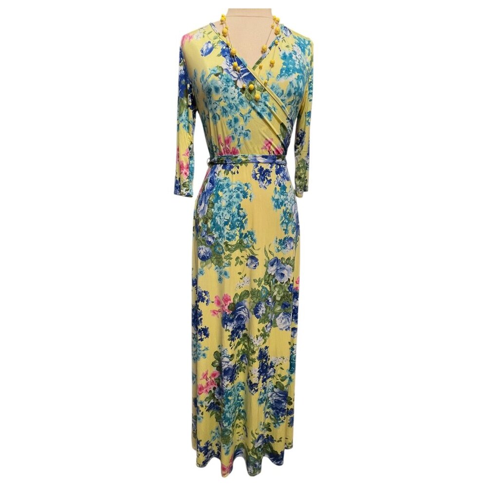 Pale yellow floral belted maxi dress